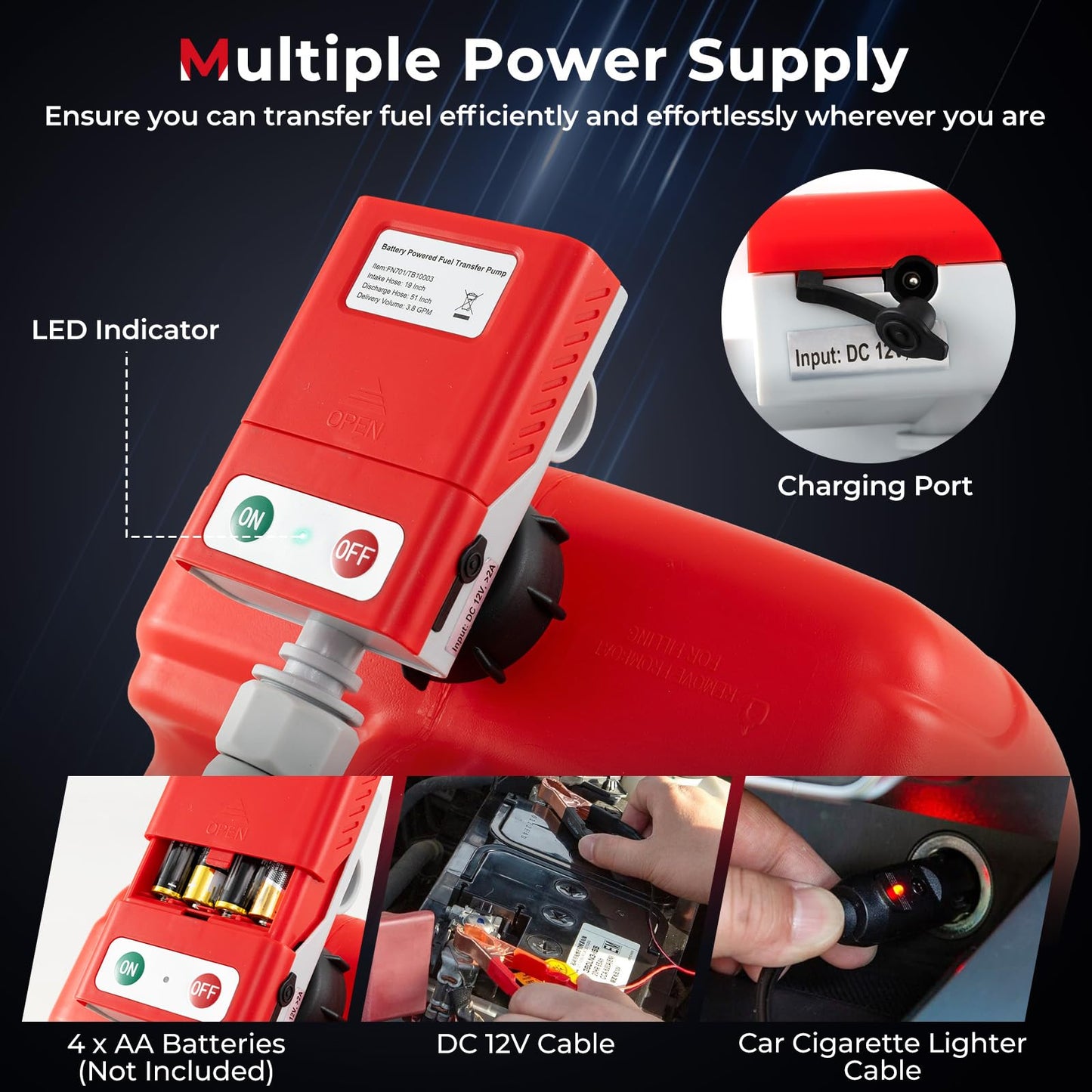 Fuel Transfer Pump with Nozzle for Flow Control & Stop, Battery