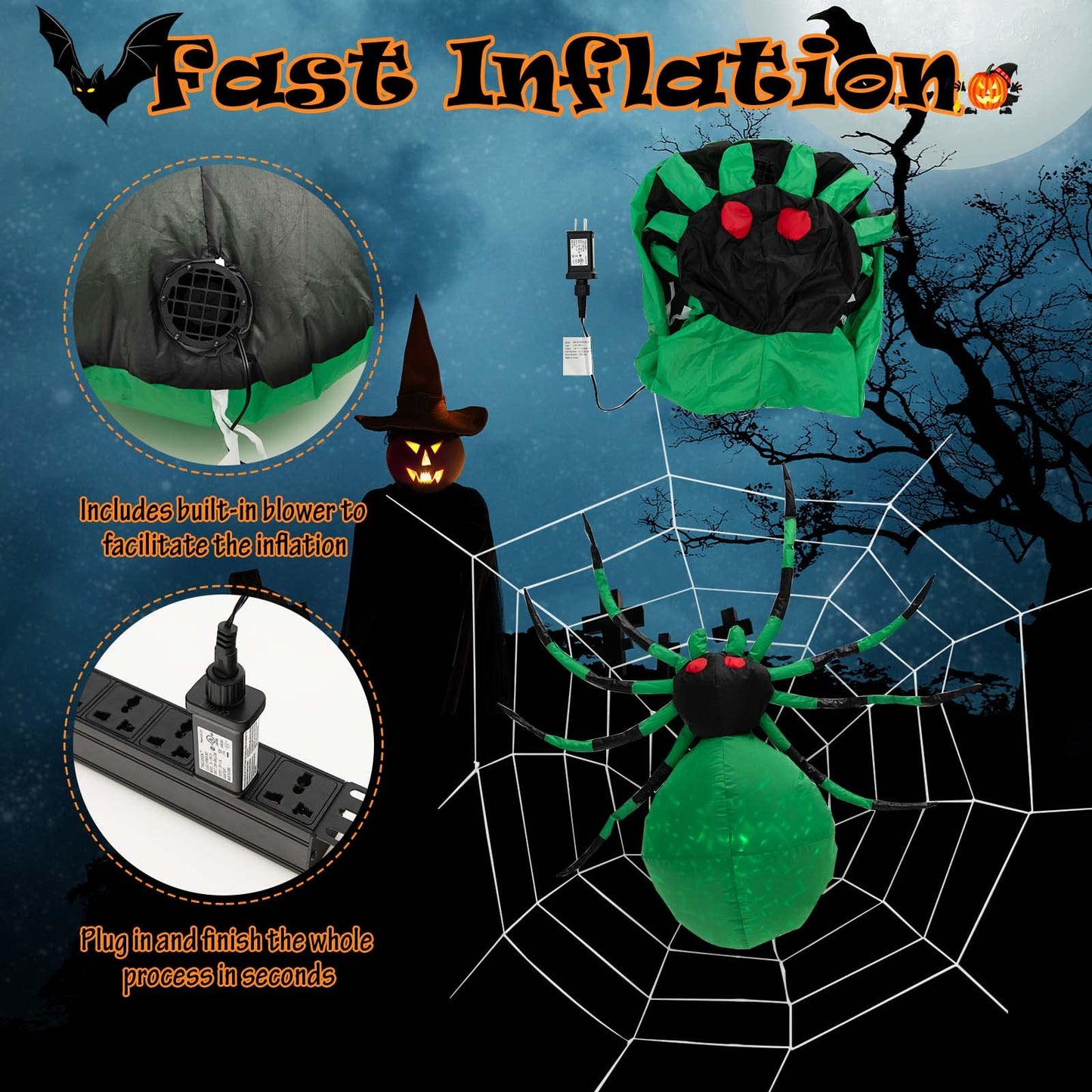 Halloween Inflatable Spider and Cobweb Creepy with LED Rotating Light
