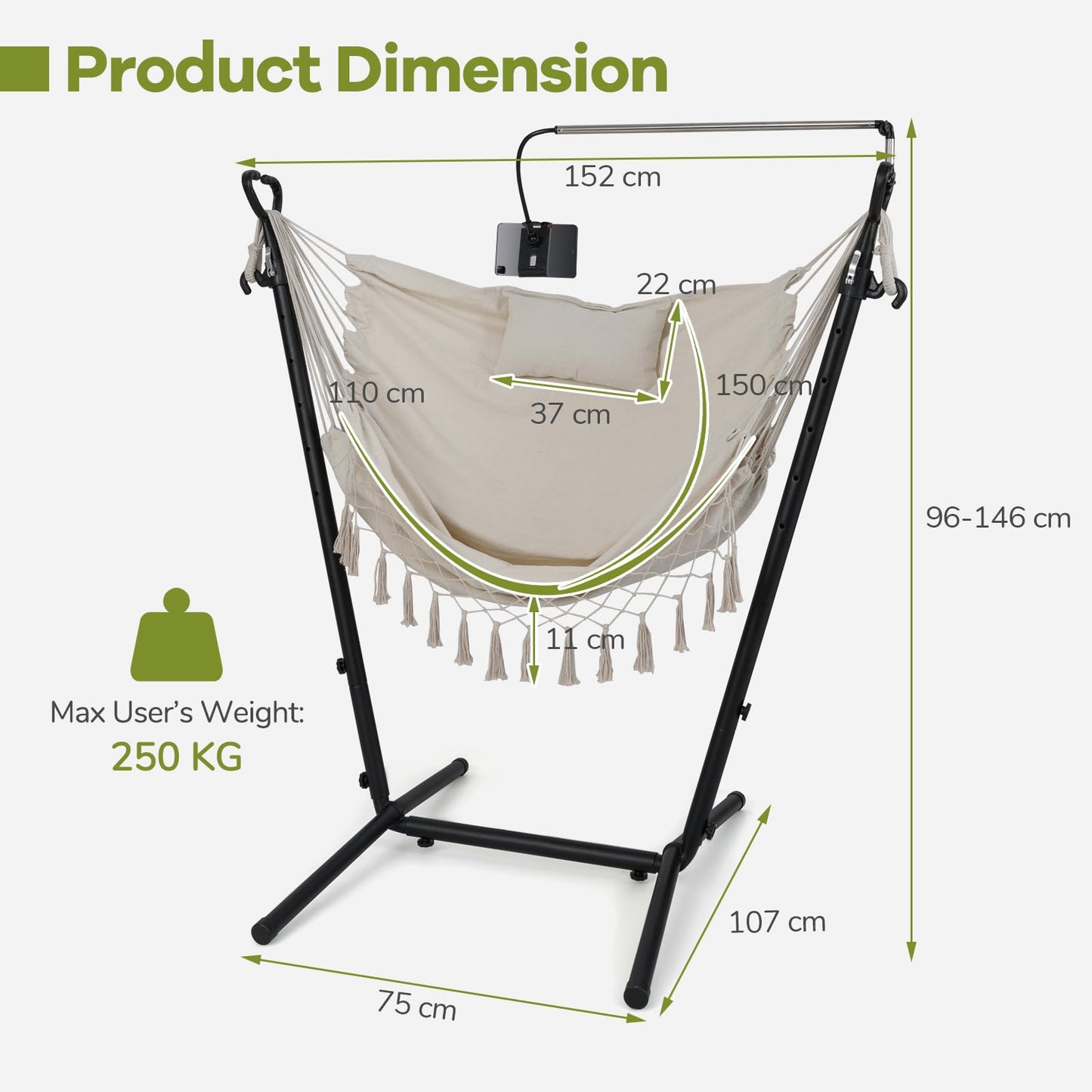 Hammock Chair with Stand and Phone Holder, 6-Level Height Adjustable Patio Swing Hammock