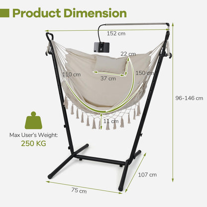 Hammock Chair with Stand and Phone Holder, 6-Level Height Adjustable Patio Swing Hammock