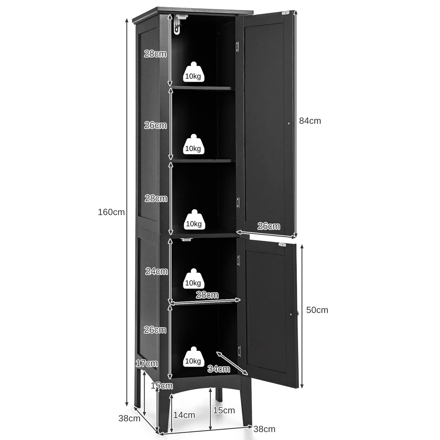 2 Door 160cm High Freestanding Bathroom Cabinet with 5 Tier Shelves
