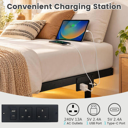 Floating Bed Frame with LED Lights and Charging Station Mattress Slide Stopper