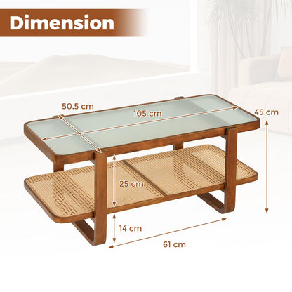 2-Tier Rattan Coffee Table, Frosted Tempered Glass Center Table