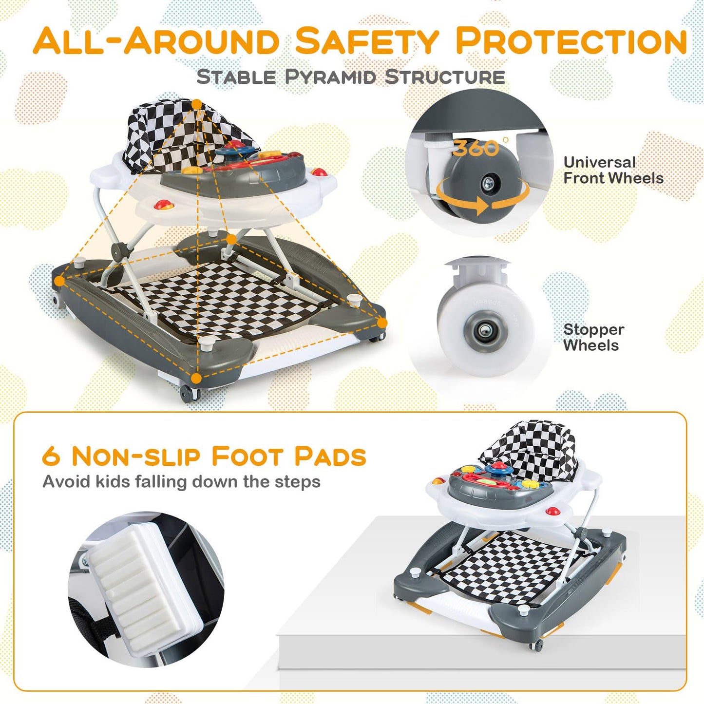 6 in 1 Foldable Push Along Walkers with 3 Adjustable Heights