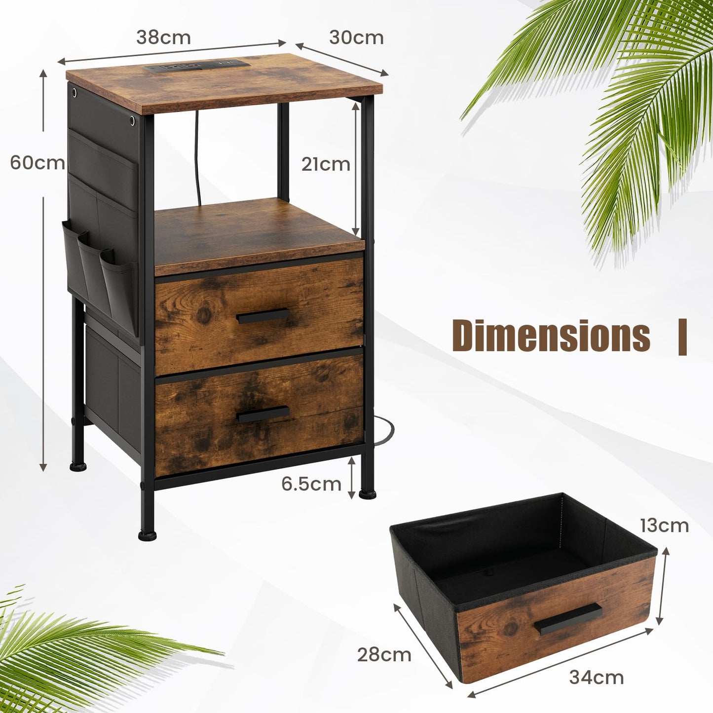 Nightstand with Charging Station with 2 Drawers and 6 Side Pockets