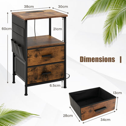 Nightstand with Charging Station with 2 Drawers and 6 Side Pockets