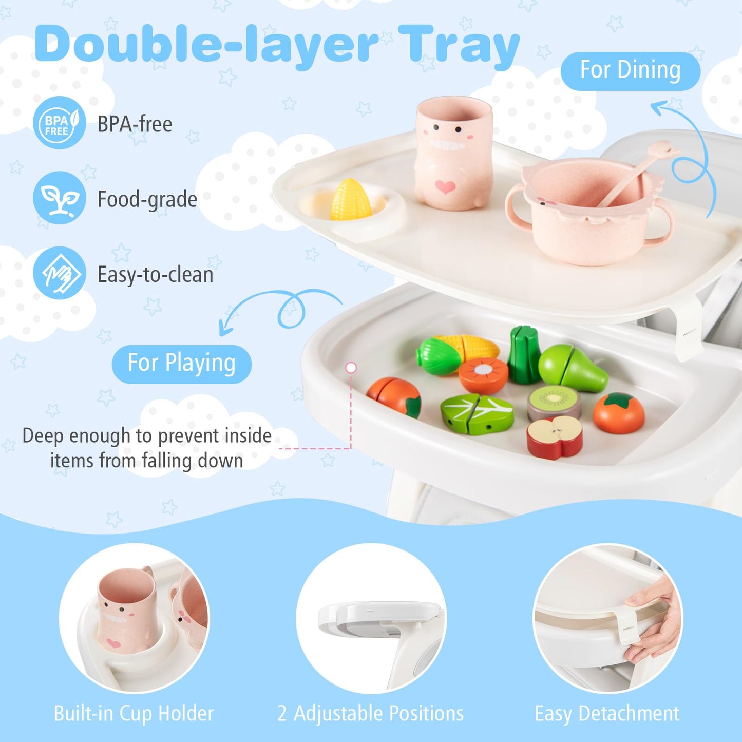 Convertible Baby High Chair with Double-layer Tray and Adjustable Backrest