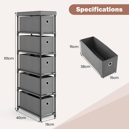 Narrow Dresser with 5 Drawers Slim Storage Tower with Metal Frame