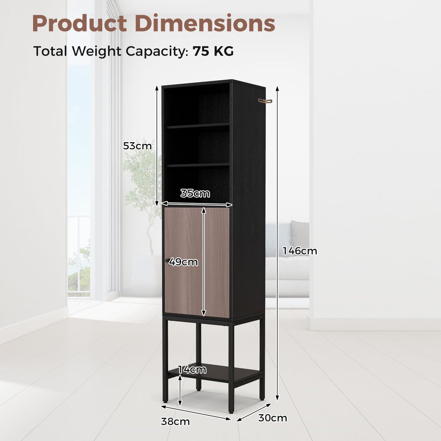 Tall Storage Cabinet with Adjustable Shelf and Bottom Storage