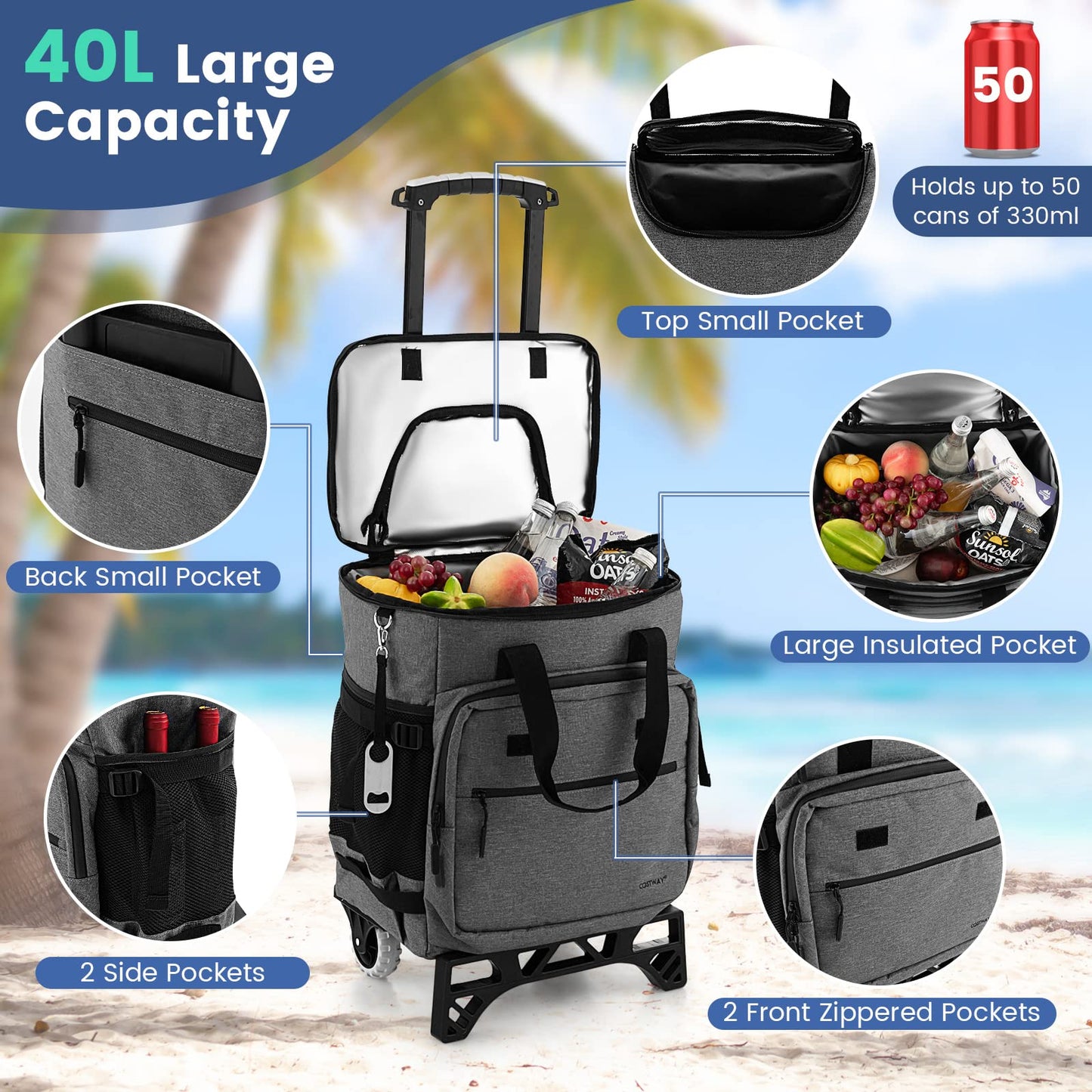 50-Can Large Rolling Cooler with Adjustable Handle and Bottom Plate