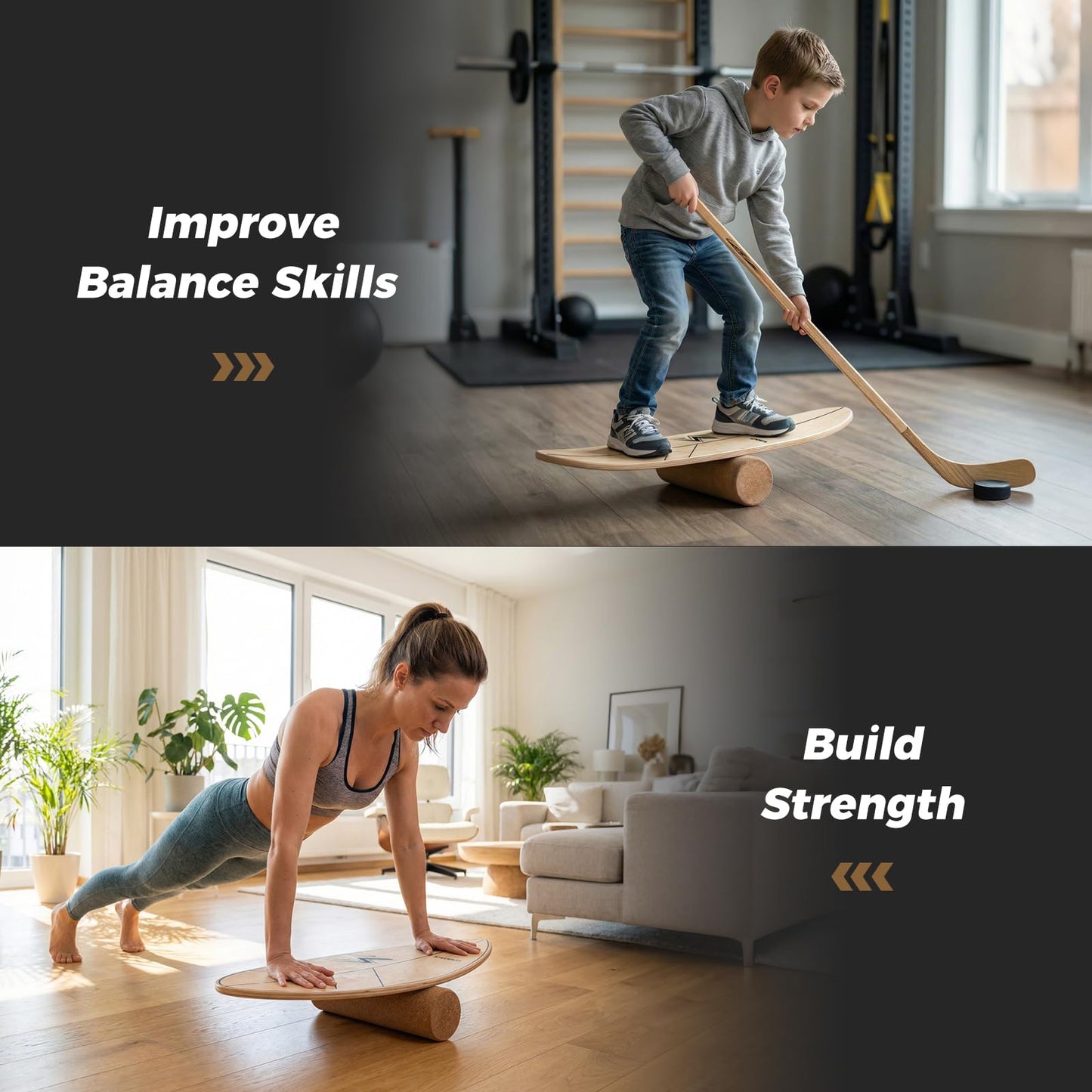 Wooden Balance Board, Surfing Skate Balance Trainer with Roller