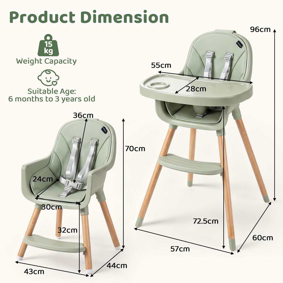 High Chair for Babies and Toddlers, for 6-36 Months