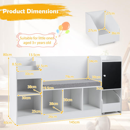 Kids Bookcase and Bookshelf with Reading Nook Toy Storage Organizer with Padded Seat Cushion