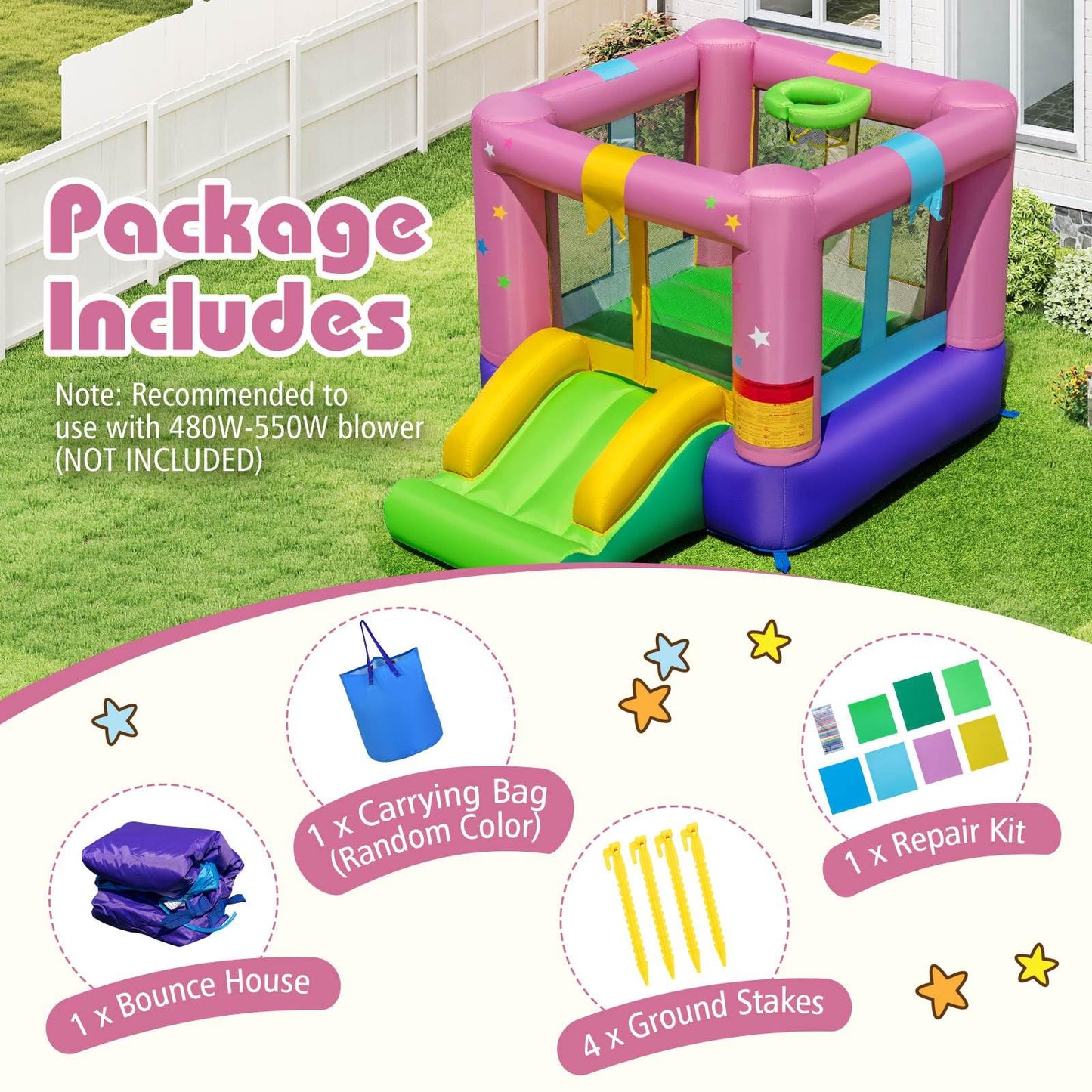 Inflatable Bounce House with Slide and Basketball Rim Without Blower