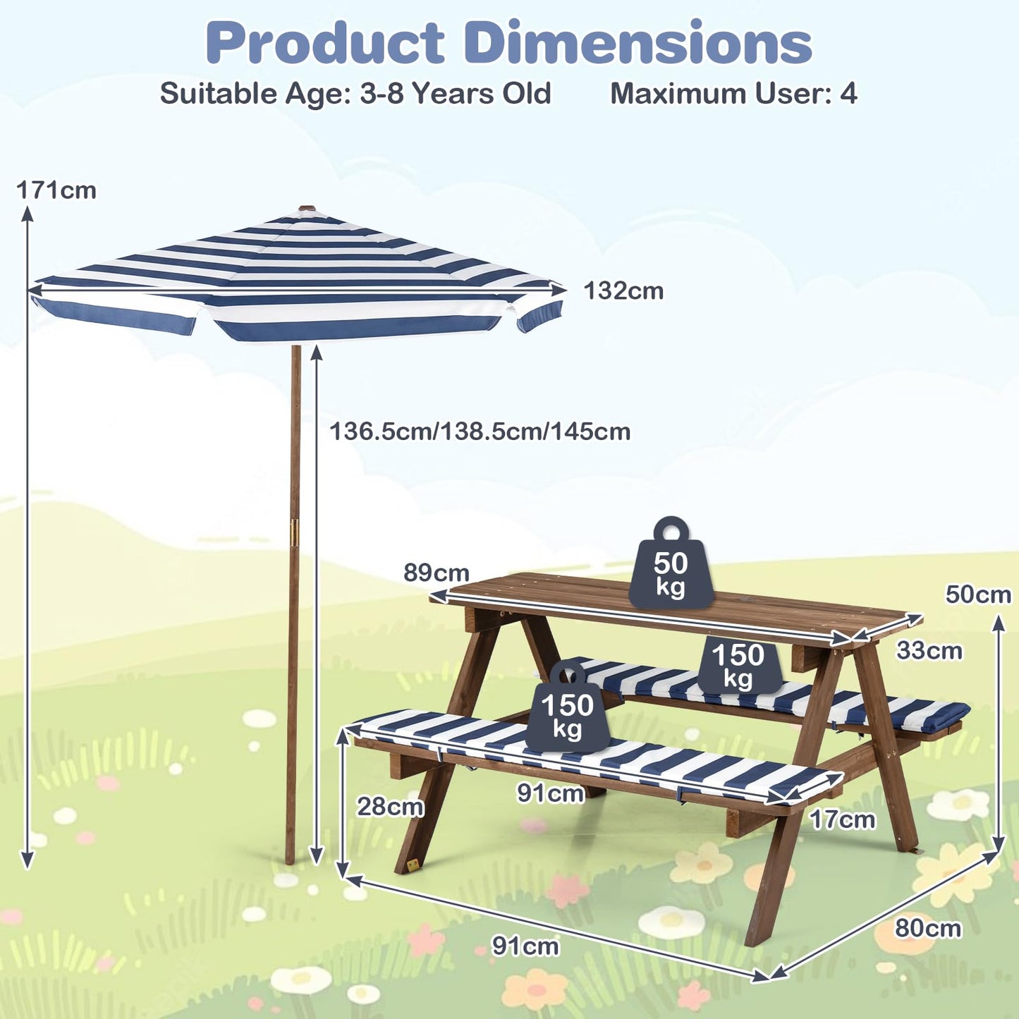 Kids Picnic Table, Wooden Children Garden Table and Bench Set