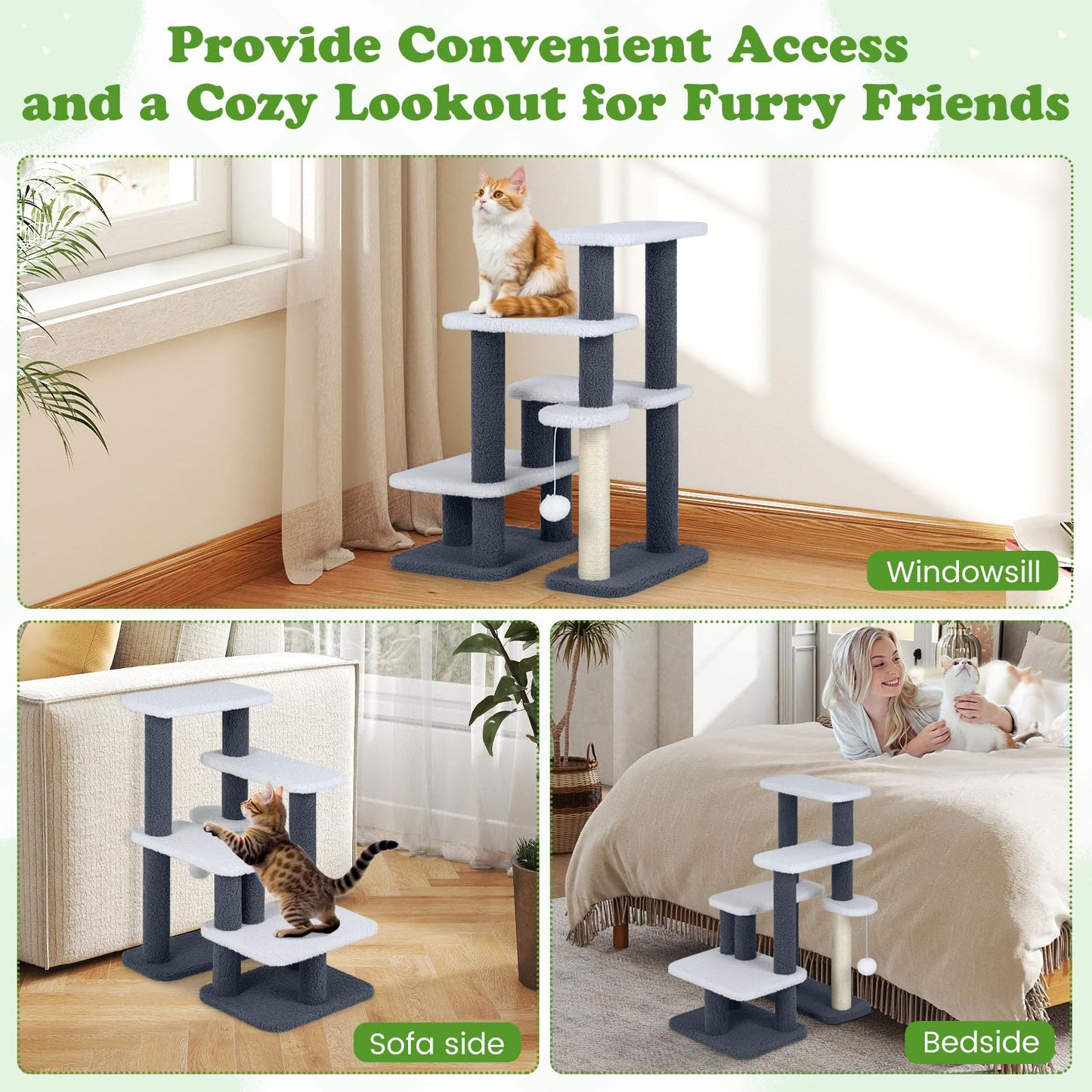 Cat Stairs, 2-in-1 Cat Tree Tower Pet Steps with Sisal Scratching Posts