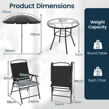 6 Piece Garden Furniture Sets with Parasol, Patio Dining Set with 4 Folding Chairs
