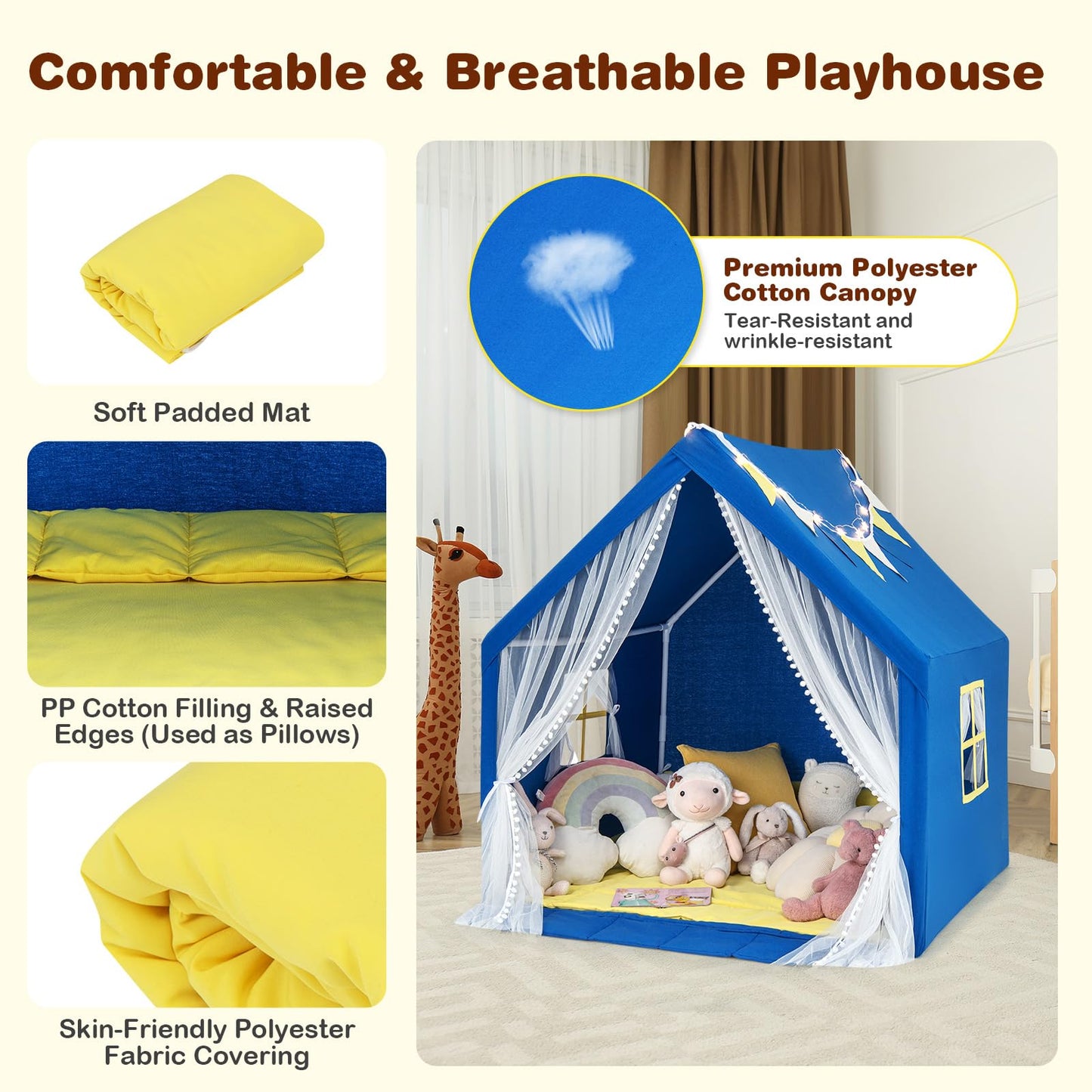 Kids and Toddlers Playhouse with Washable Cotton Mat and Star Lights and Windows