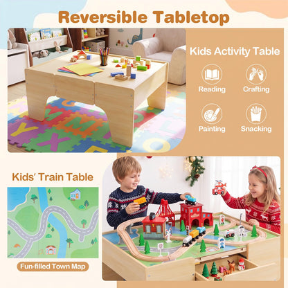 63-Piece Kids Train Table with Storage Drawer Reversible Tabletop and Train Tracks