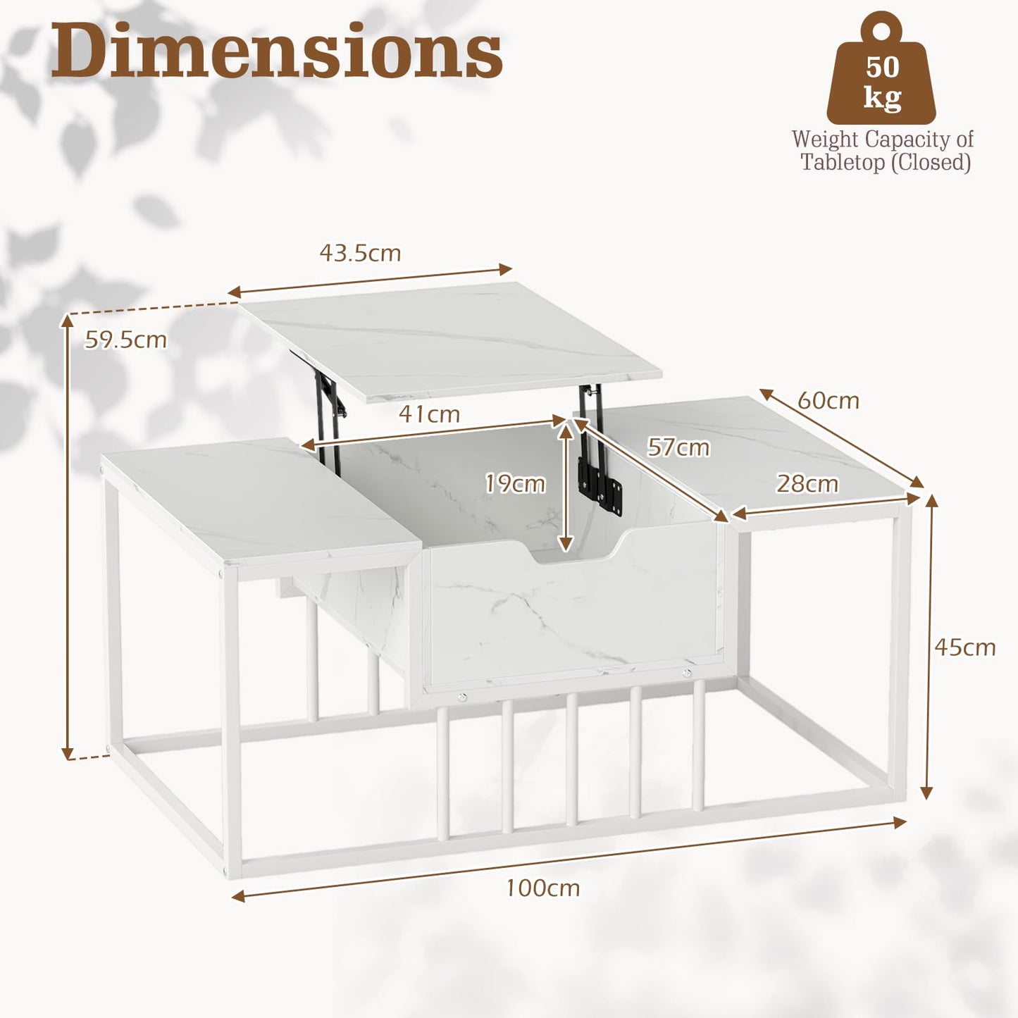Lift Up Top Coffee Table, Marble Center Table with Hidden Storage