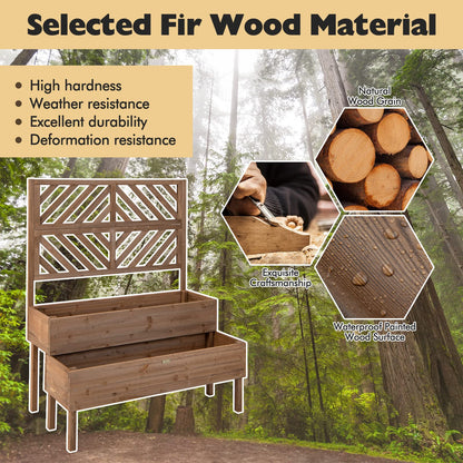 2-Tier Wooden Raised Garden Bed with Trellis and Drainage Holes