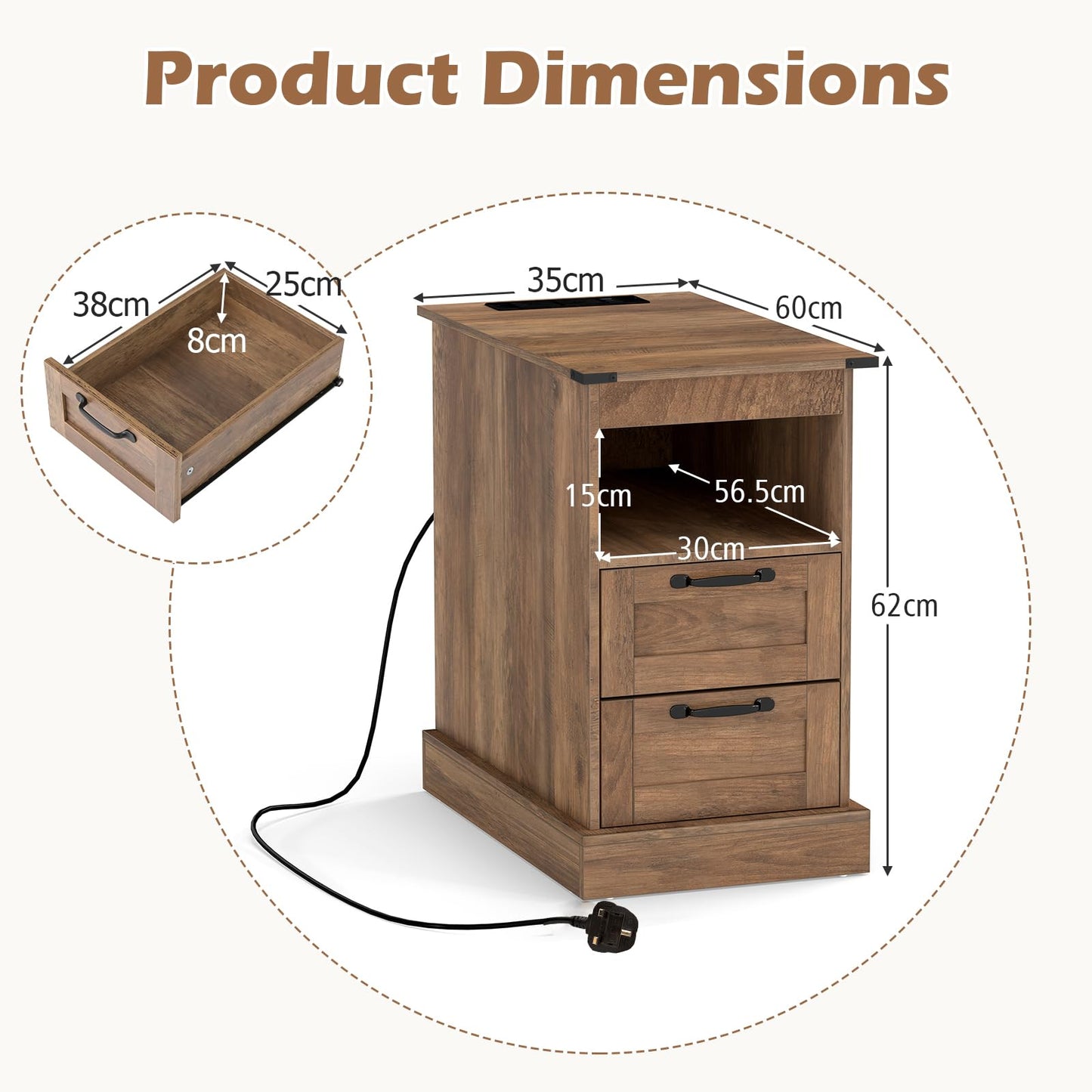 Narrow Bedside Table with Charging Station