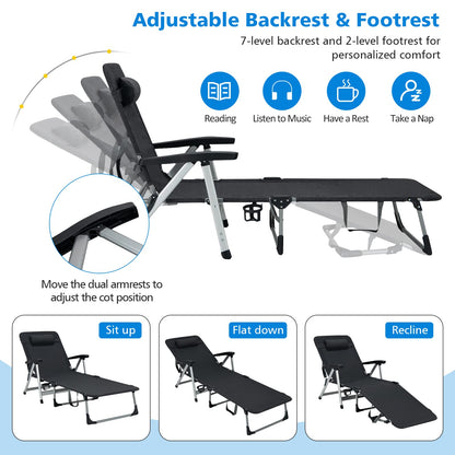 Folding Outdoor Chaise Lounger with Detachable Pillow and Cup Holder