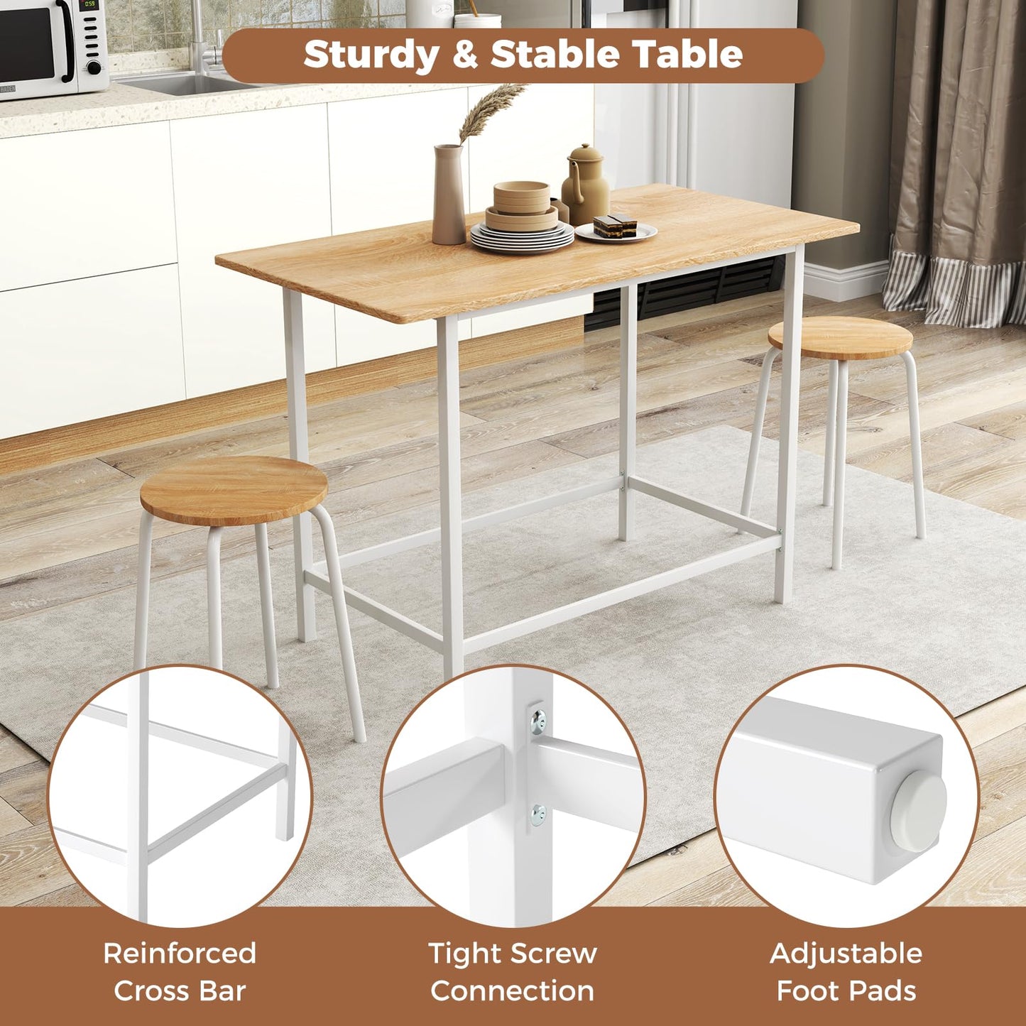 3 Piece Wooden Breakfast Kitchen Table and Stools with Metal Legs