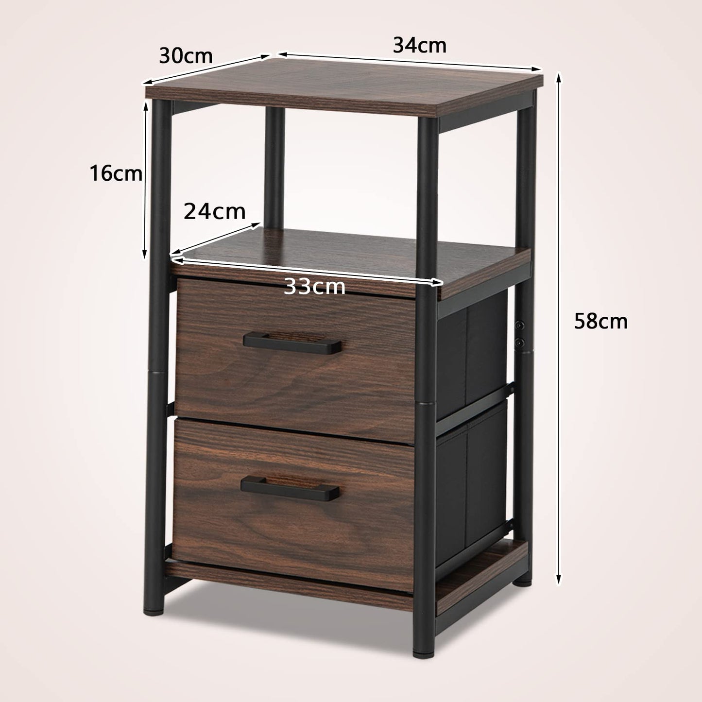 Metal Frame Bedside Table with Open Shelf and 2 Drawers
