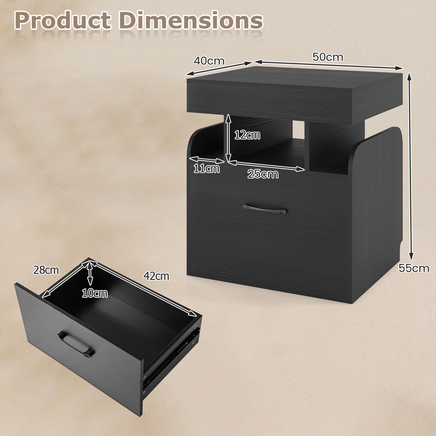 Nightstand with Charging Station with Drawer and Sliding Top Storage