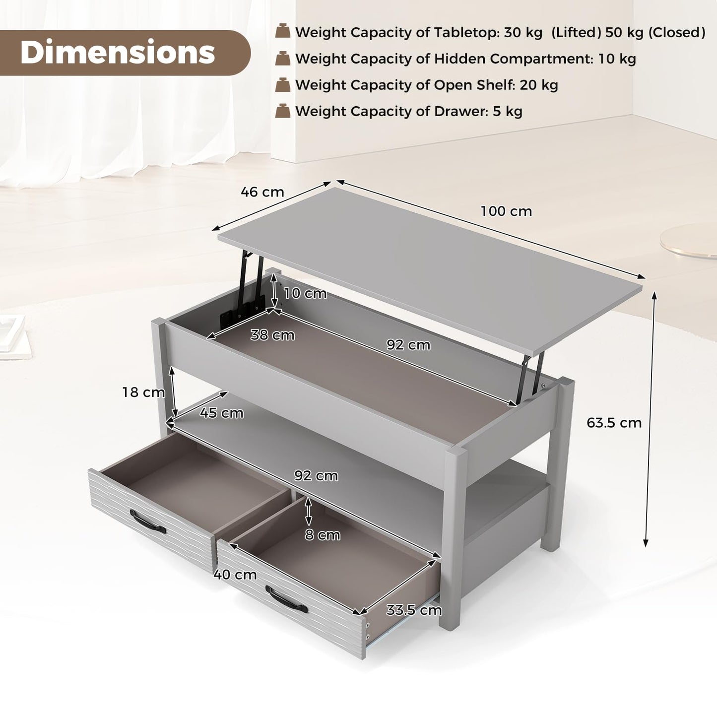 Lift Up Top Coffee Table, Wooden Lifting Cocktail Center Table with Hidden Storage Compartment