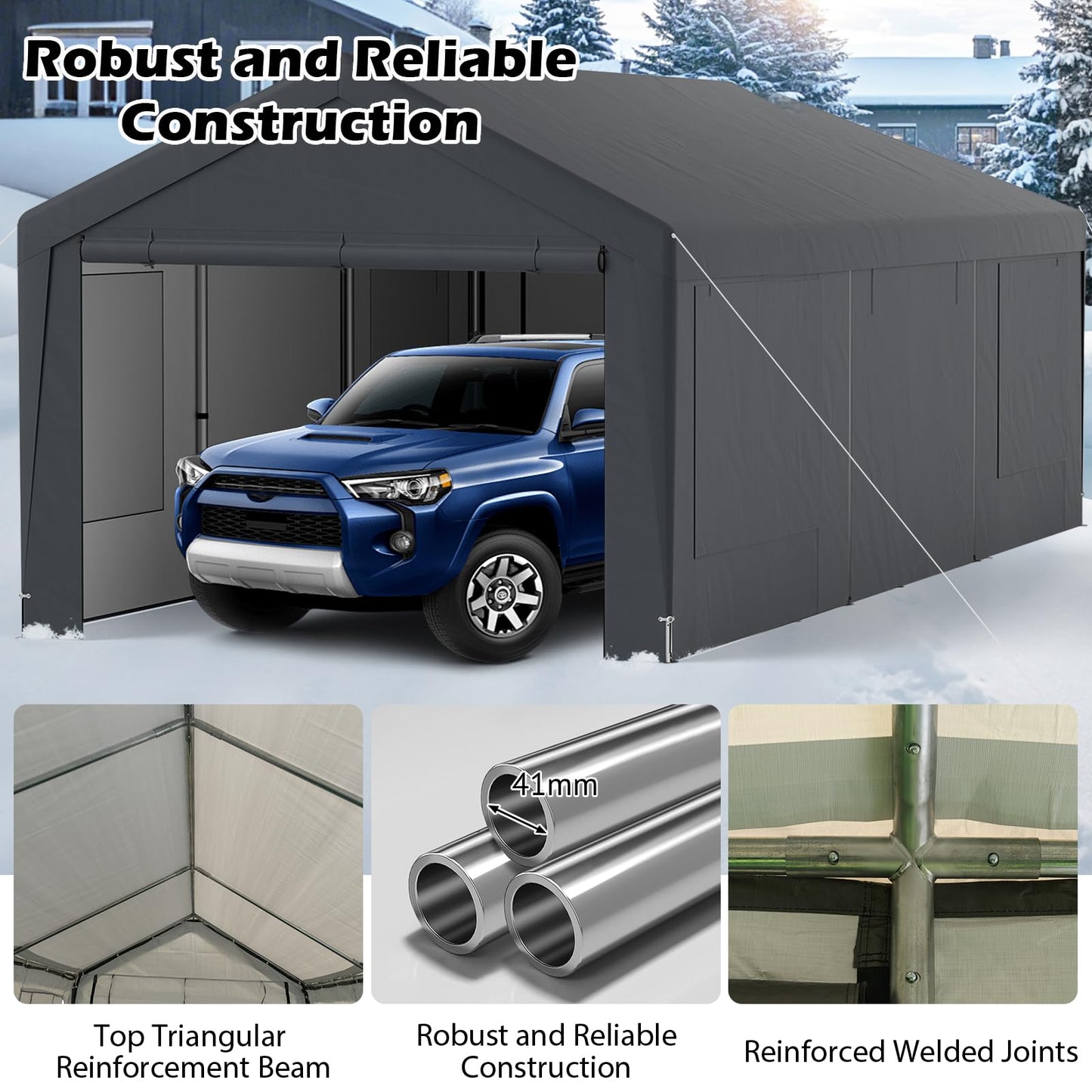 All-Weather Outdoor Car Shelter with 8 Removable Sidewalls and Roll-up Doors