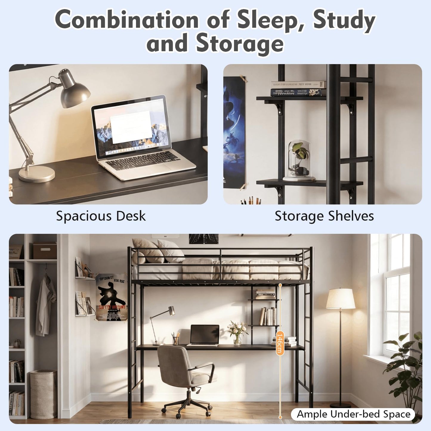 Metal Bunk Bed with Desk, Space-Saving High Sleeper Bed