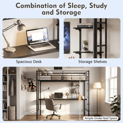 Metal Bunk Bed with Desk, Space-Saving High Sleeper Bed