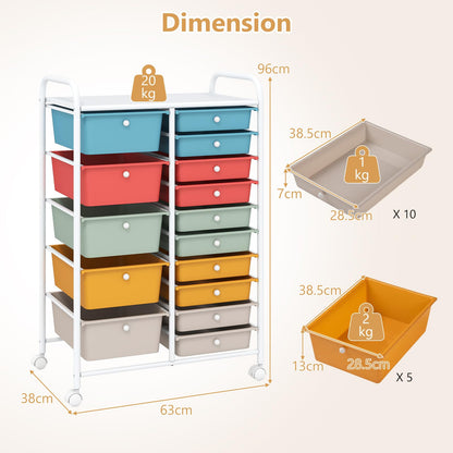 15 Drawers Storage Trolley, Home Office Stationary Rolling Cart