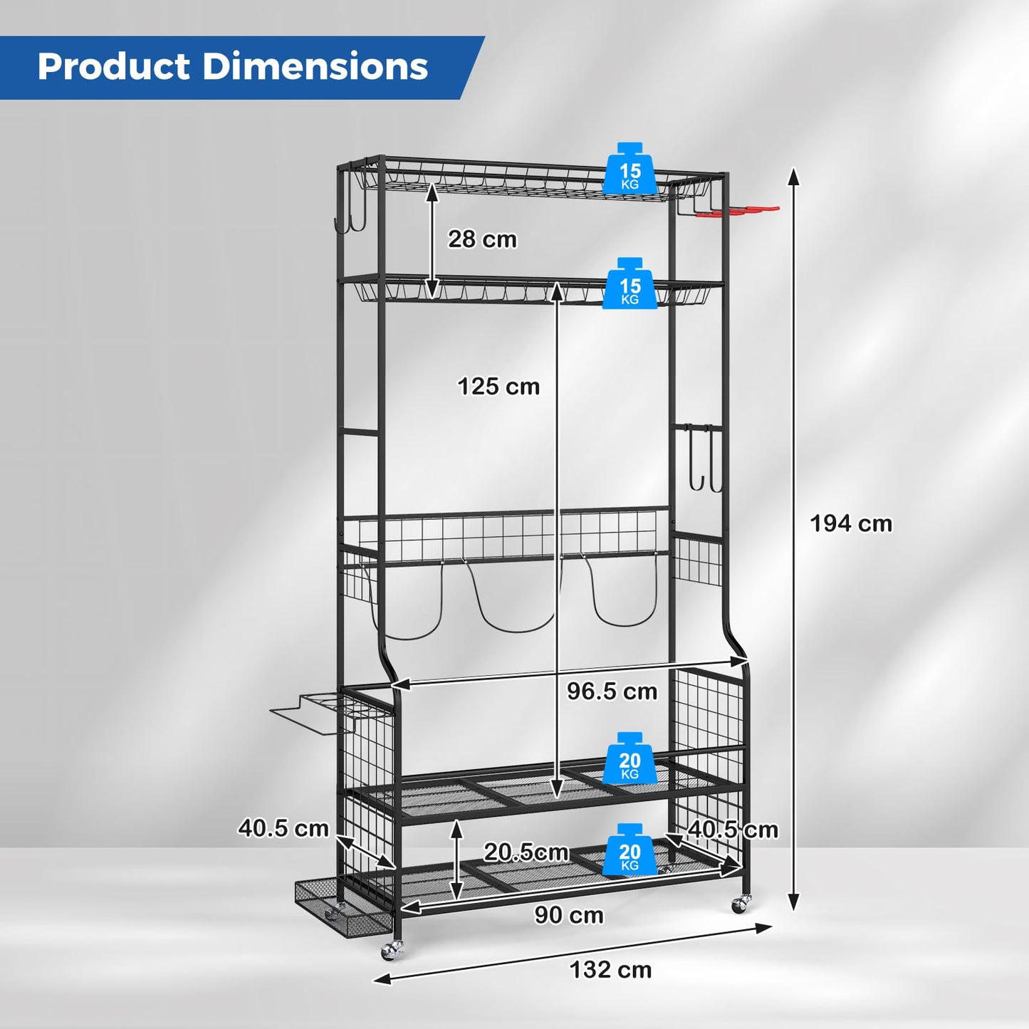 3 Golf Bags Storage Garage Organizer with Wheels 4 Hooks