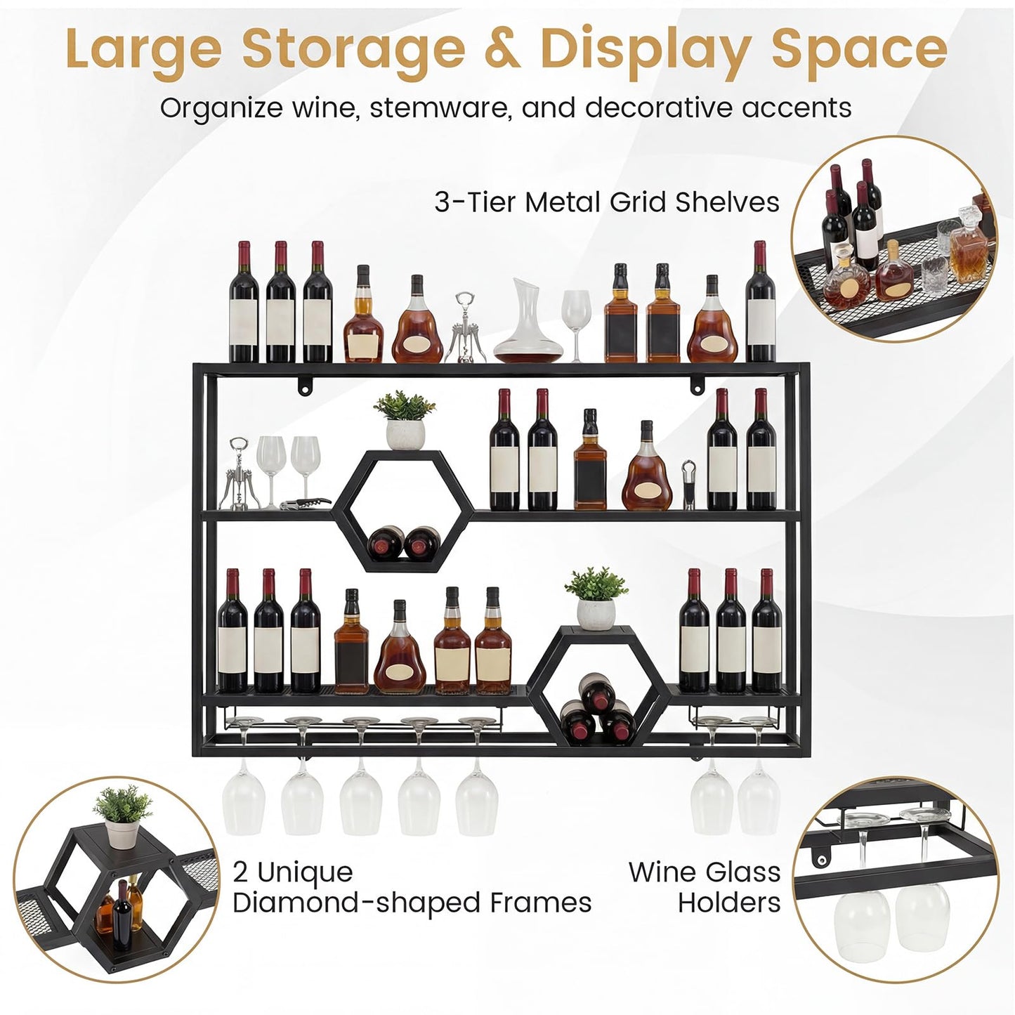 Wall Mounted Wine Rack, 3-Tier Hanging Bar Shelves