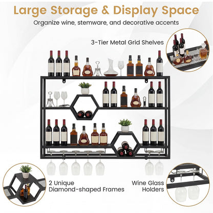Wall Mounted Wine Rack, 3-Tier Hanging Bar Shelves
