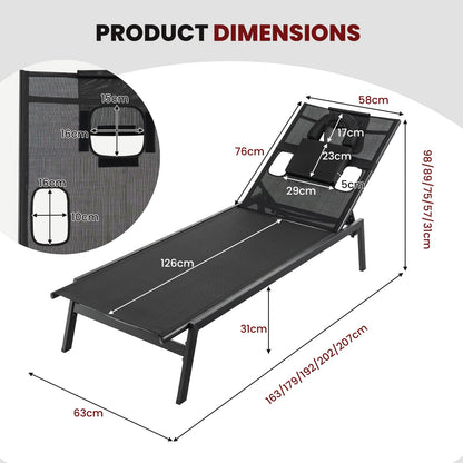 5 Positions Adjustable Chaise Lounge Deck Sunbed with Detachable Head Pillows