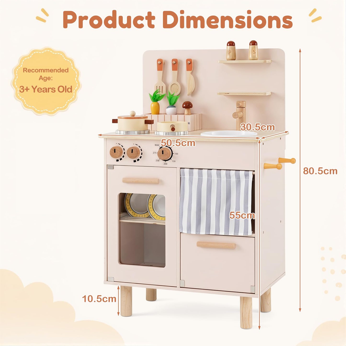 Kids Play Kitchen, Wooden Toy Kitchen with Stoves