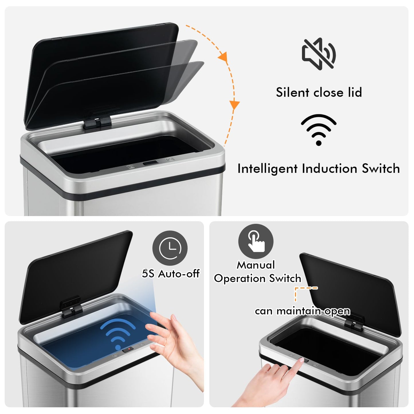 50L Stainless Steel Trash Can Automatic Motion Sensor Garbage Bin
