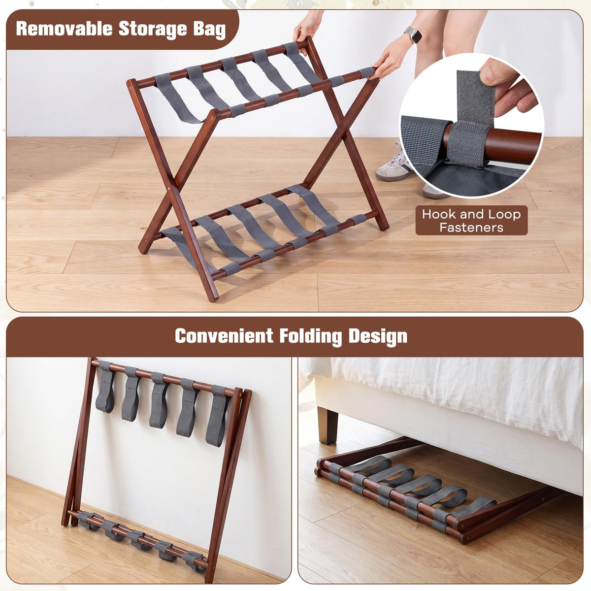 68 cm Foldable Bamboo Luggage Rack with Removable 2-Compartment Storage Bag