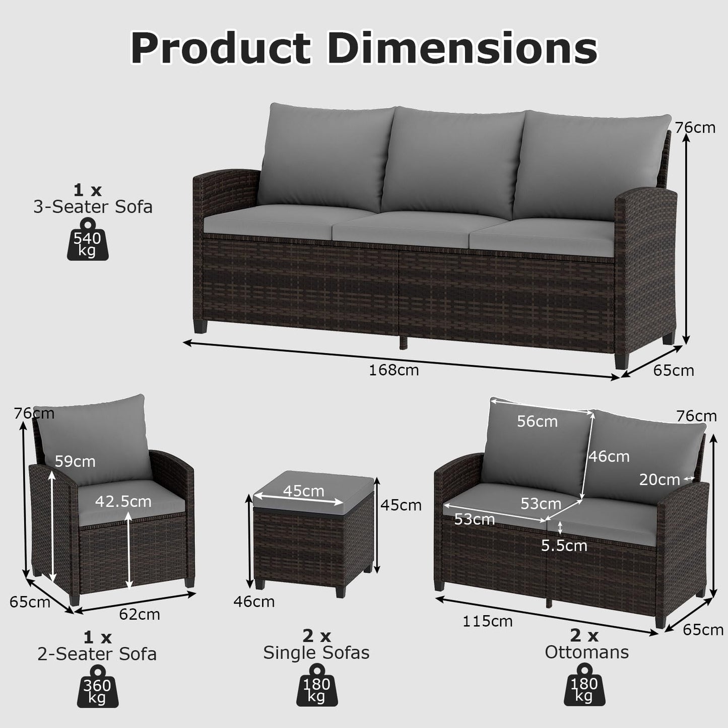 9 Seater Rattan Garden Furniture Set, Patio Conversation Set with 3-Seat Sofa, Loveseat, 2 Chairs, 2 Footstools & Cushions