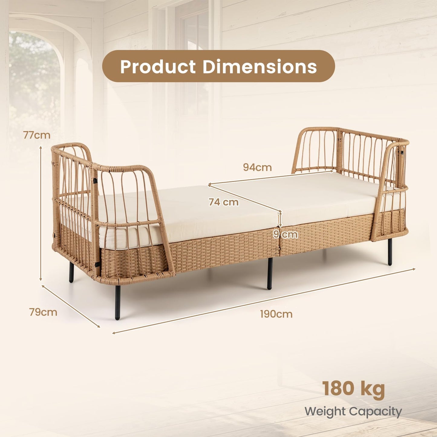 Garden Rattan Daybed, Patio Chaise Lounger Sun Bed with Cushions