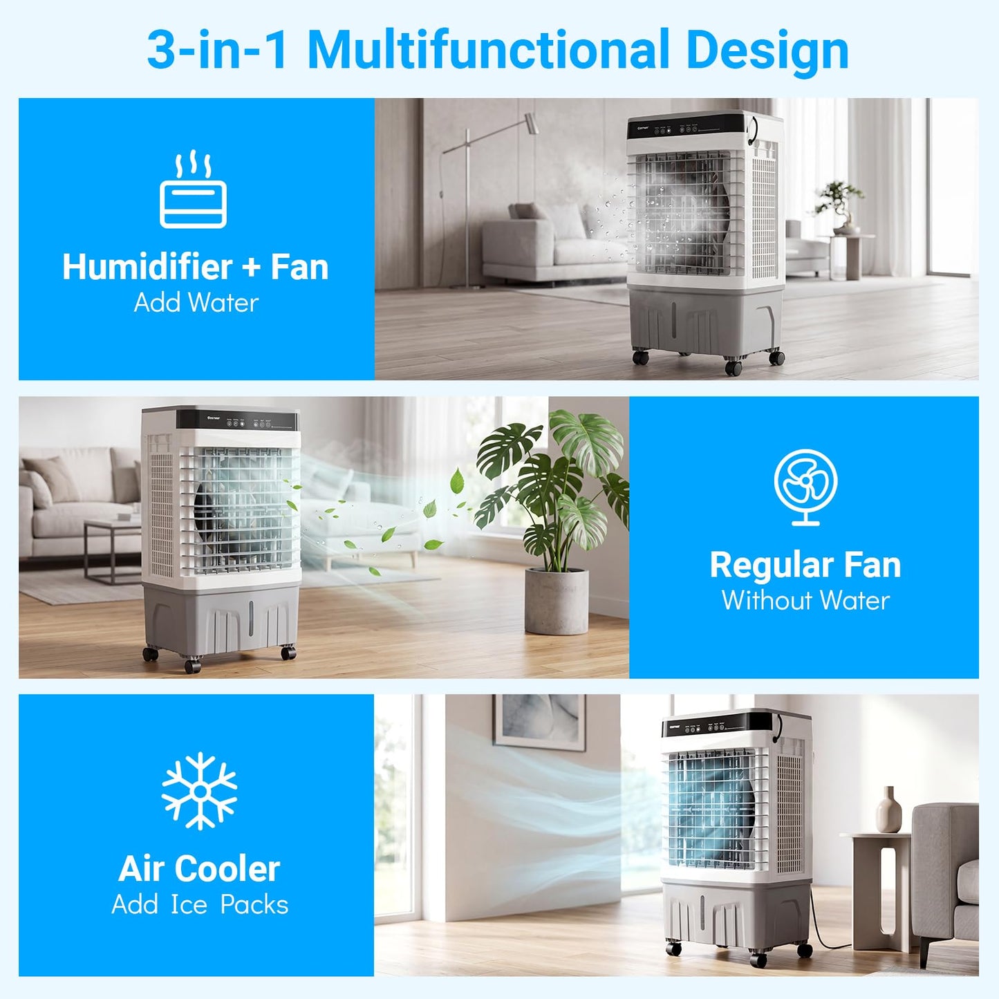3-in-1 Evaporative Air Cooler with 15L Water Tank and 3 Speeds