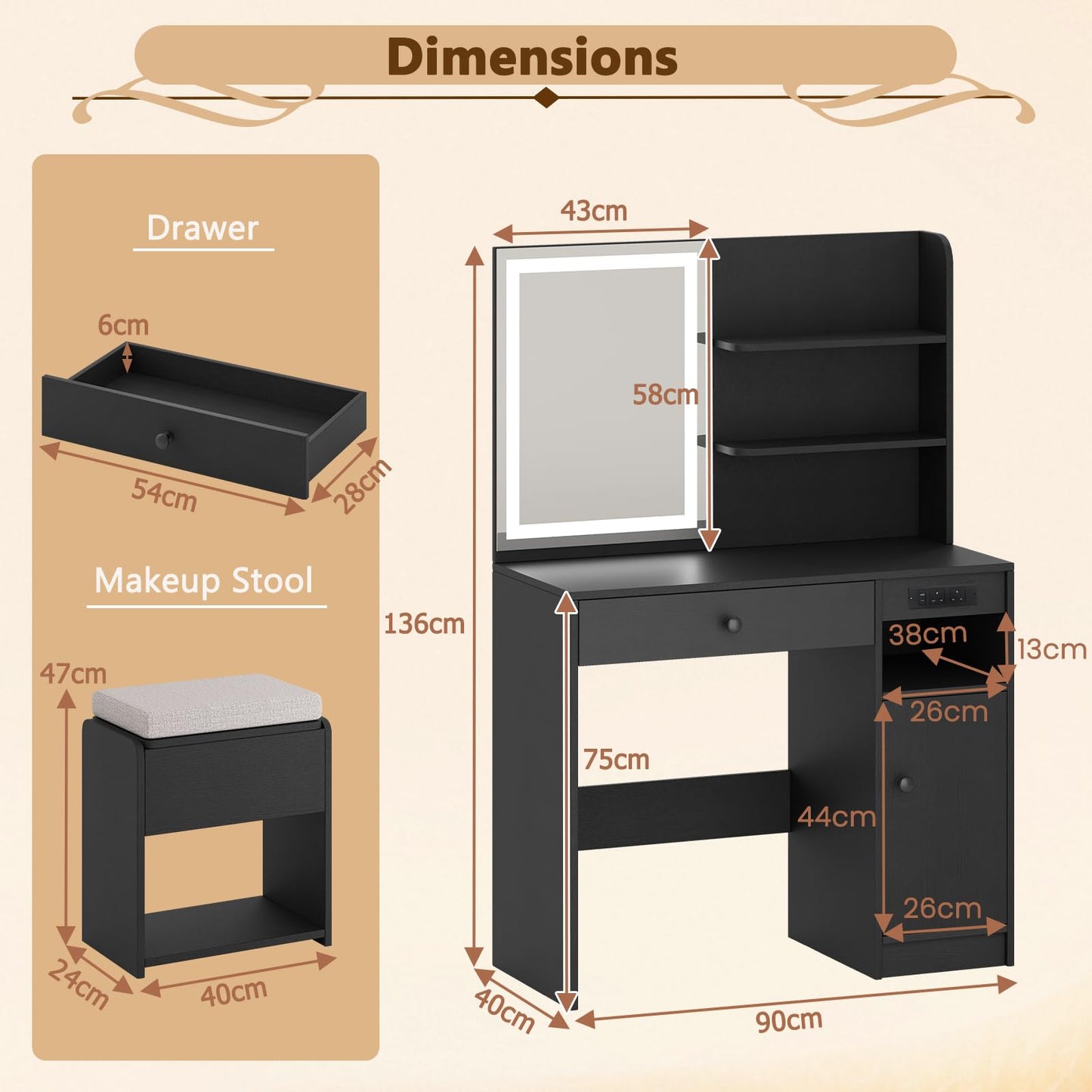 Vanity Desk with Mirror and Lights Dressing Table with Charging Station