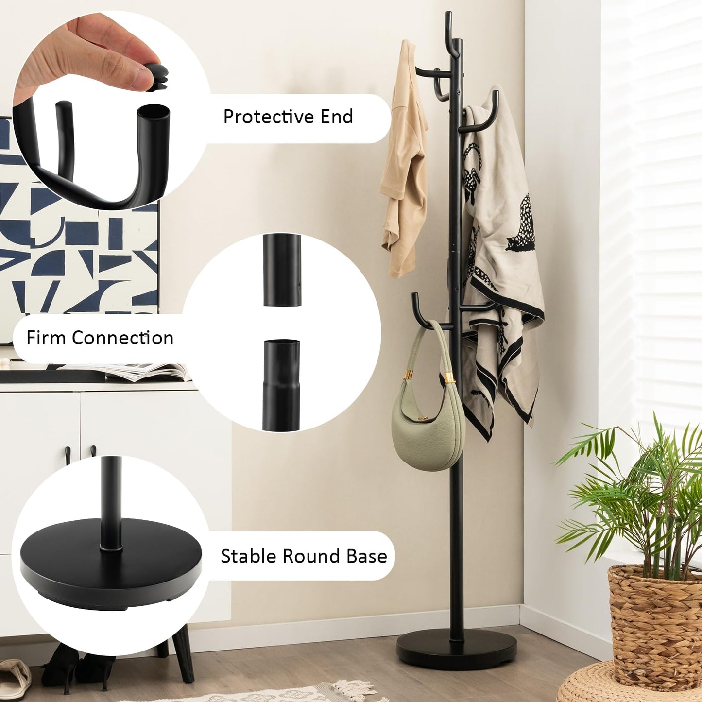 Metal Coat Rack, Freestanding Clothes Hanger with 8 Hooks