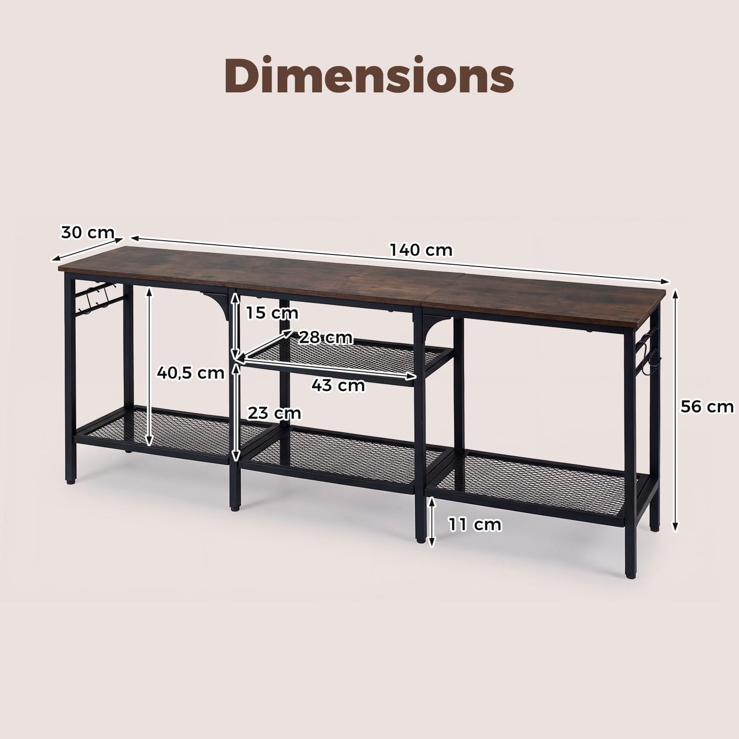 TV Unit for 65 Inch TVs, 140cm Industrial TV Stand Cabinet with Mesh Storage Shelves