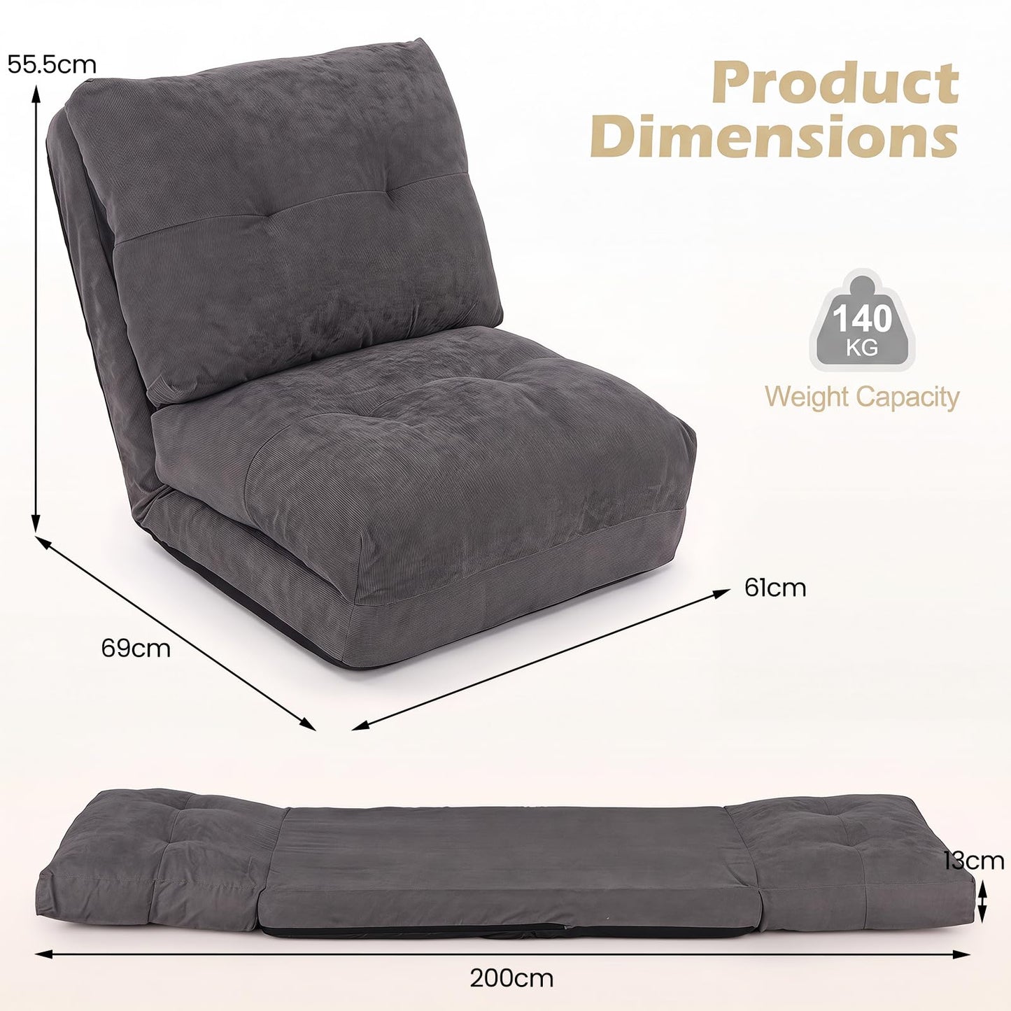 Folding Sofa Chair, 5-Position Adjustable Floor Chair Bed