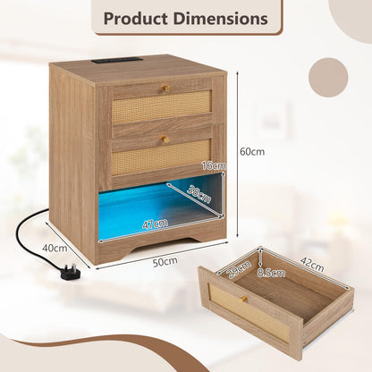 Rattan Bedside Table with Charging Station and LED Lights, Boho Nightstand End Sofa Side Table